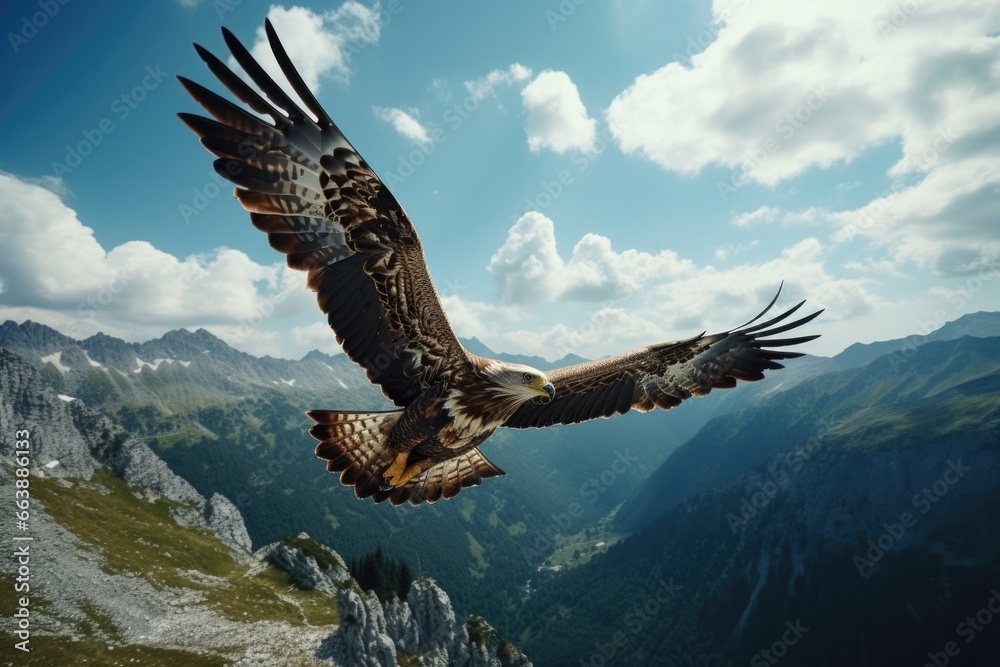 Fototapeta premium A large bird soaring through the sky over a majestic mountain range. This image captures the beauty and freedom of nature. Perfect for travel and adventure themes
