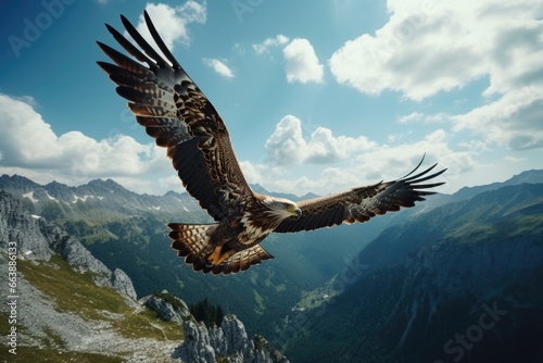 A large bird soaring through the sky over a majestic mountain range. This image captures the beauty and freedom of nature. Perfect for travel and adventure themes