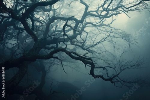 A captivating image of a leafless tree standing tall in a foggy forest.  © Fotograf