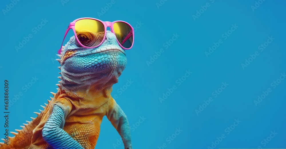 Chameleon lizard on a blue background wearing colored glasses - obrazy, fototapety, plakaty 