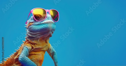 Chameleon lizard on a blue background wearing colored glasses