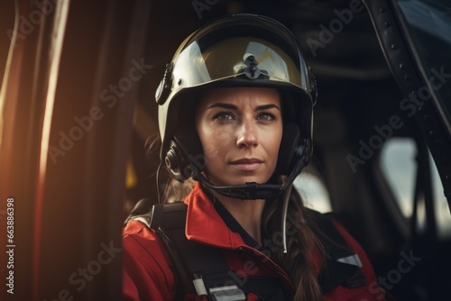 A woman wearing a helmet in a helicopter. Suitable for aviation and adventure-themed projects © Fotograf