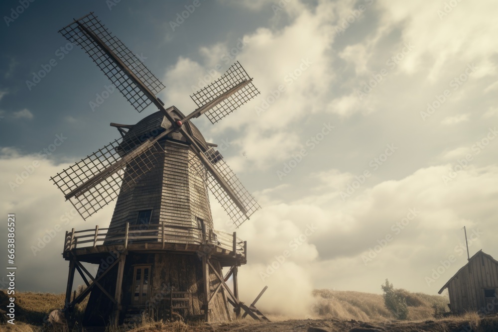 A picturesque windmill standing in the middle of a vast field. Perfect for countryside and rural-themed projects