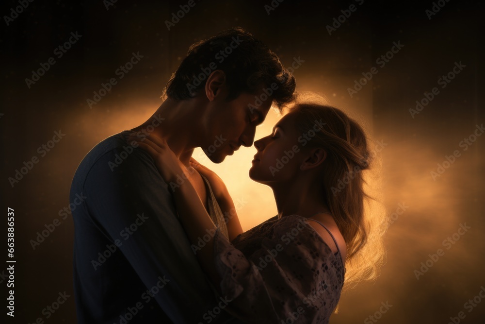 A man and a woman embracing in the dark. Suitable for romantic themes or intimate moments.