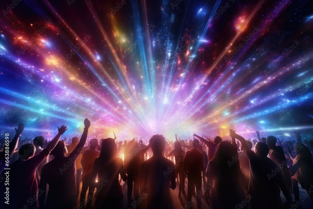 A crowd of people standing together, illuminated by a bright light. This image can be used to depict unity, hope, or a gathering of people in various settings