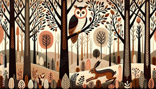 Owl Observes Hare Amongst Autumn Forest Patterns