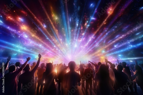 A crowd of people standing together  illuminated by a bright light. This image can be used to depict unity  hope  or a gathering of people in various settings