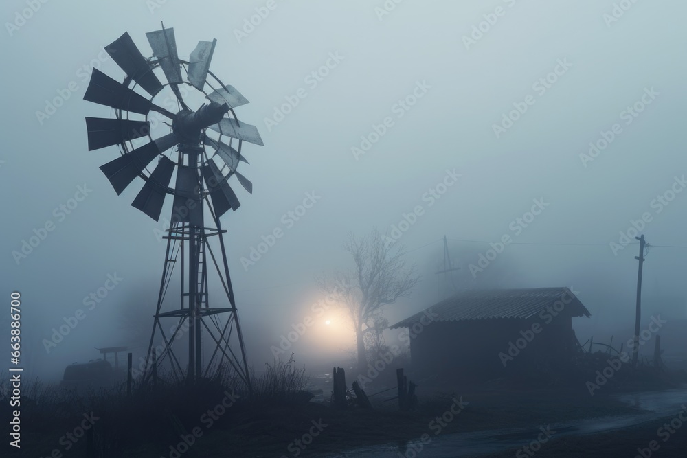 A picturesque windmill stands tall amidst the foggy countryside. Perfect for adding a touch of tranquility to your projects