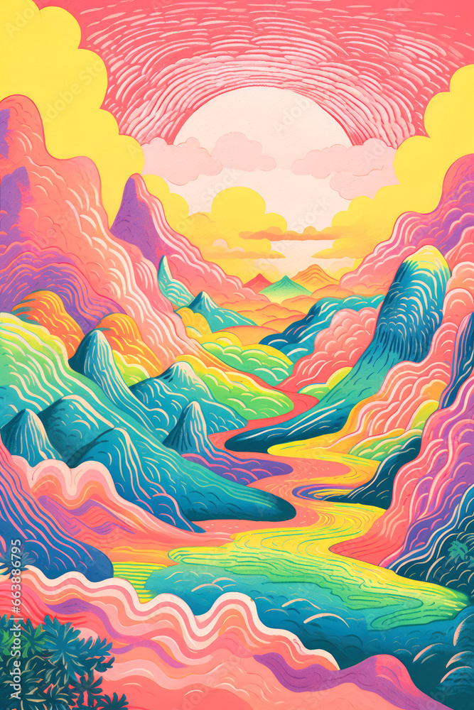 Illustration of abstract mountain range background with red and blue colors. Generative AI. Risograph style Illustration of abstract mountain range background with red and blue colors. Generative AI. Risograph style