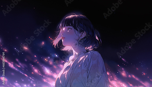 夜空を見上げる女性の横顔