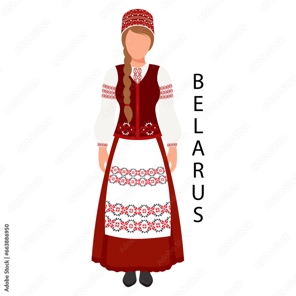 A woman in a Belarusian folk costume. Culture and traditions of Belarus. Illustration, vector