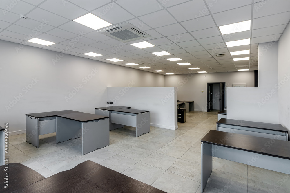 Interior of a modern office with huge panoramic windows, after renovation Interior of a modern office with huge panoramic windows, after renovation