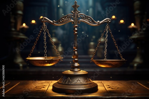 A golden scale sitting on top of a wooden table. This picture can be used to represent balance, justice, measurement, or the concept of weighing options