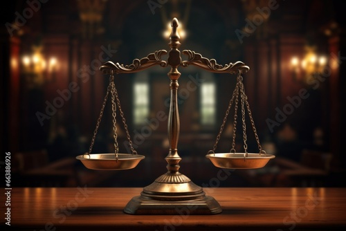 A golden scale sits on top of a wooden table. This image can be used to represent balance, justice, measurement, or precision. It is suitable for legal, financial, or health-related concepts