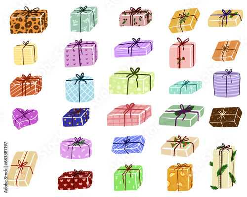 Gift box cartoon set icon. Christmas gifts, New Year presents. Holiday presents wrapped in festive paper wrapping, decorated with ribbon bows, strings and twines.