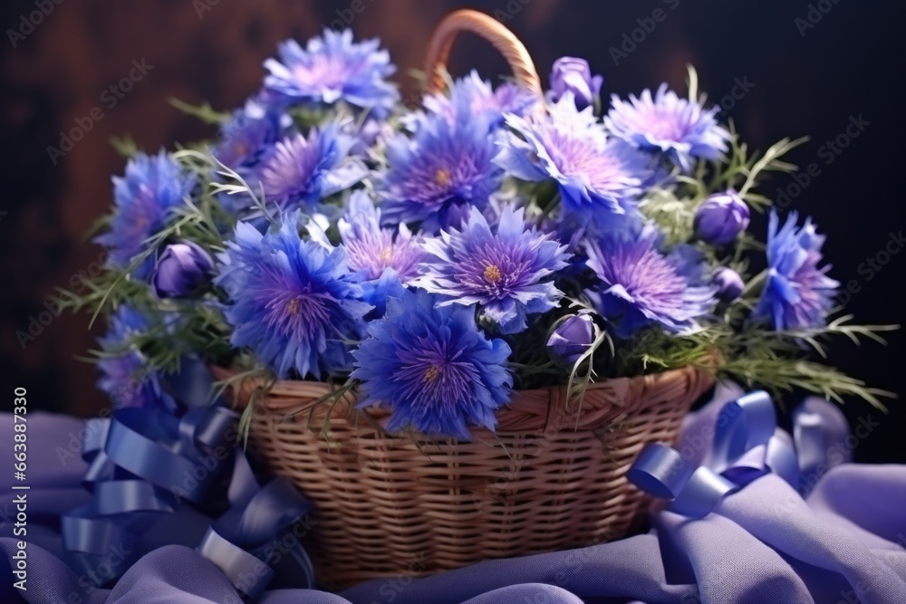 A basket filled with blue flowers placed on top of a table. Suitable for home decor, floral arrangements, or spring-themed designs.