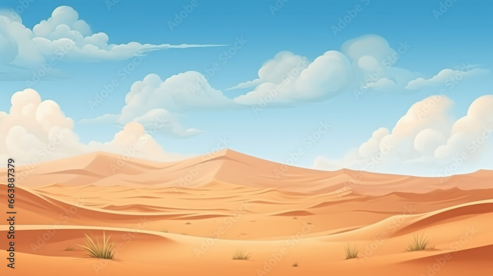 A dry desert surrounded by sand dunes with a clear sky.