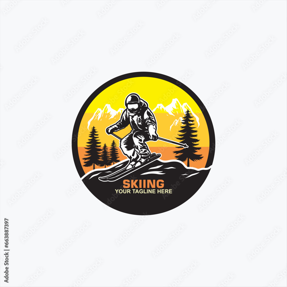 Ski club concept with skiers skiing downhill in high mountains. Ski club vector retro badge Ski club concept with skiers skiing downhill in high mountains. Ski club vector retro badge