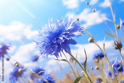 A close up of a blue flower in a field. Perfect for nature enthusiasts and floral enthusiasts alike.