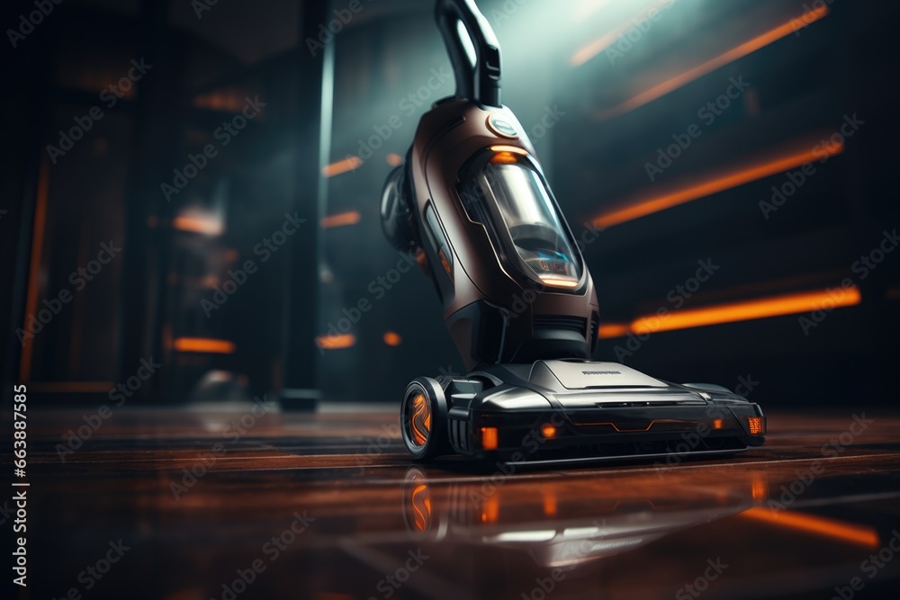 A detailed view of a vacuum cleaner placed on a wooden floor. Ideal for cleaning and household maintenance illustrations.