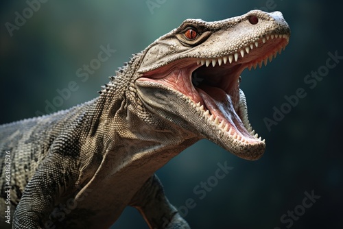 A detailed close-up image of a lizard with its mouth wide open. This picture can be used to depict reptiles, wildlife, nature, or animal behavior. © Fotograf