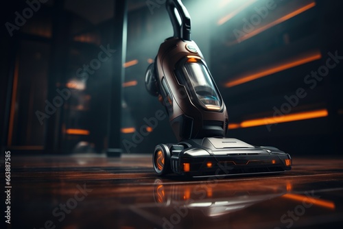 A detailed view of a vacuum cleaner placed on a wooden floor. Ideal for cleaning and household maintenance illustrations.