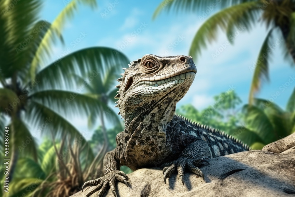 Obraz premium A lizard perched on a prominent rock. This image can be used to depict the beauty of nature or as a symbol of resilience and adaptability.