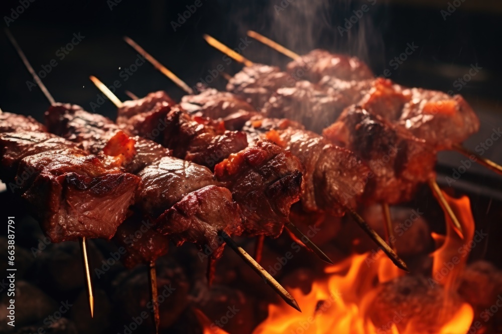 A bunch of meat skewers cooking on a grill. Perfect for barbecues and outdoor gatherings.
