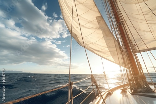 A sail boat gracefully sails through the vast open ocean. Perfect for travel brochures or nautical-themed designs.