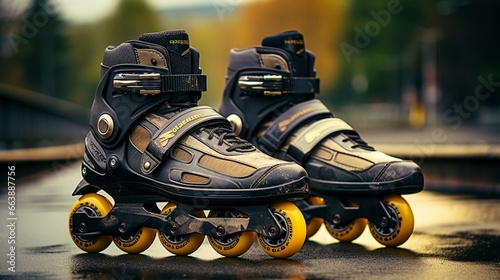 Rollerblades on an asphalt surface with protective gear. photo