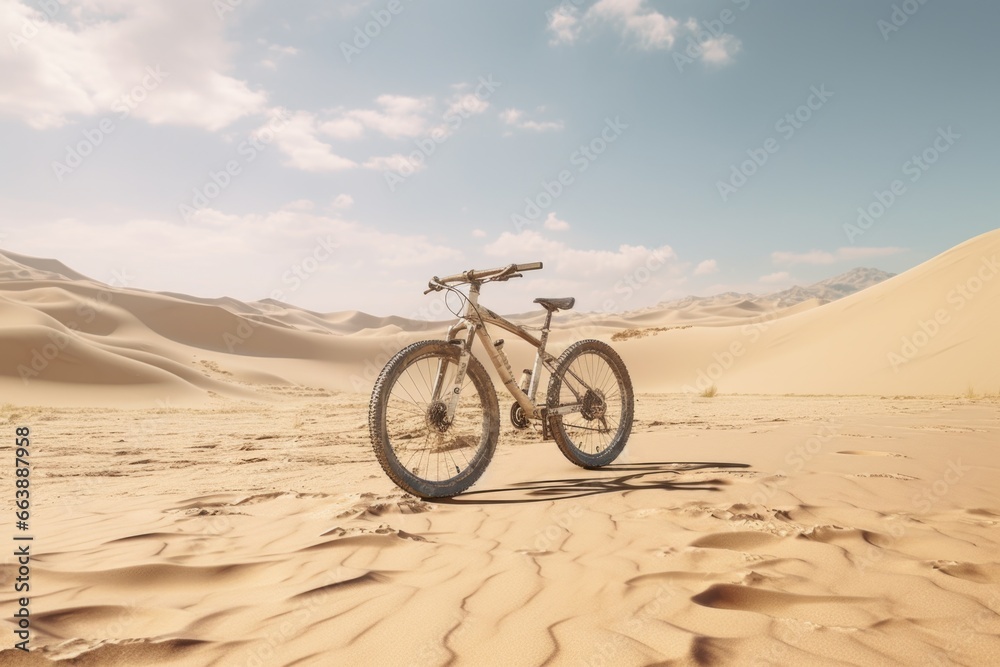Obraz premium A bicycle parked in the middle of a desert. This image can be used to depict solitude, adventure, or the concept of exploring new horizons.