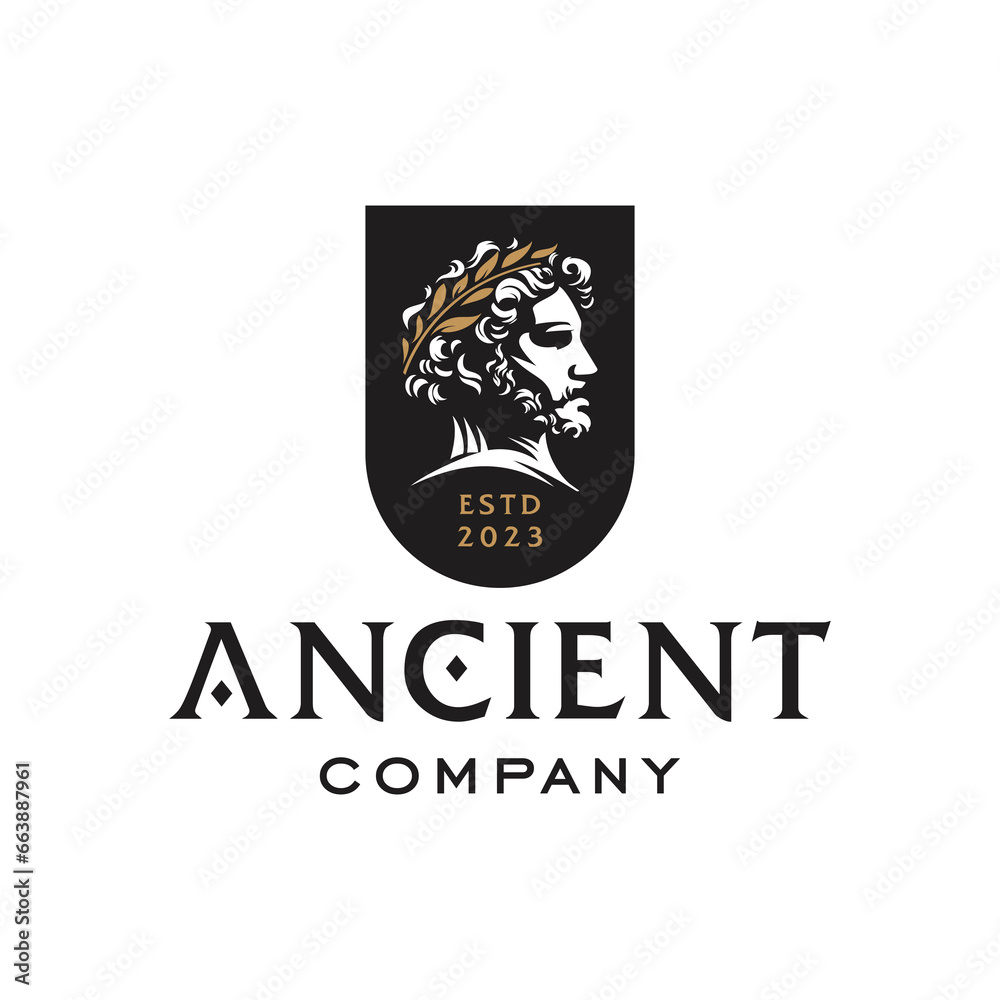 Fototapeta premium Greek god silhouette logo. Greece man head wearing laurel wreath statue icon logo design Illustration vector in trendy minimal and simple line style. Ancient Greek Figure Face Head Statue Sculpture