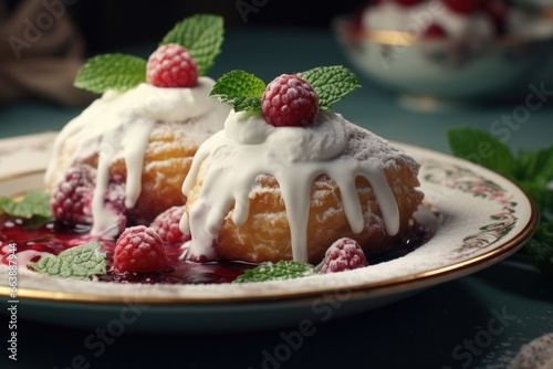 A delectable pastry topped with white icing and adorned with fresh raspberries, perfect for a sweet treat or dessert. Ideal for food blogs, bakery promotions, or menu designs.