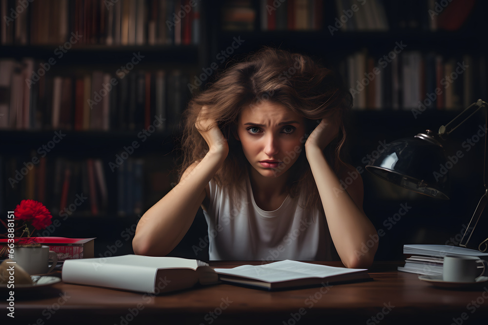 Woman in a bad mood sitting sad on table full of paper in office Woman in a bad mood sitting sad on table full of paper in office