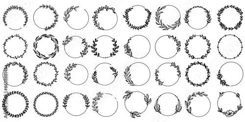 Hand drawn floral frames with flowers, branch and leaves. Botanical wreath. Laurel plant leaf, floral frame, round olive leaves, branch for greek wedding, crest logo.