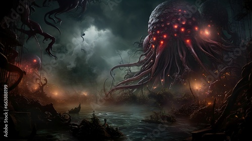 Colossal, luminescent octopus emerges from murky waters, AI-generated,