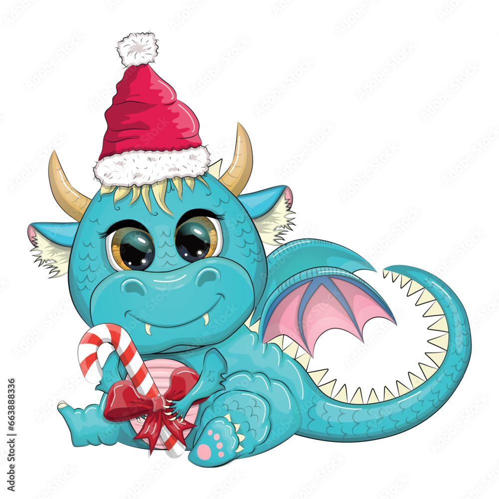 Cute cartoon green dragon in santa hat. 2024 new year, chinese calendar
