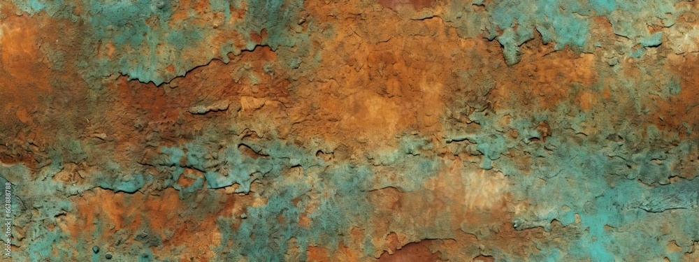 Seamless oxidized copper patina sheet metal wall panel grunge background texture. Vintage antique weathered and worn rusted bronze or brass abstract pattern - obrazy, fototapety, plakaty 