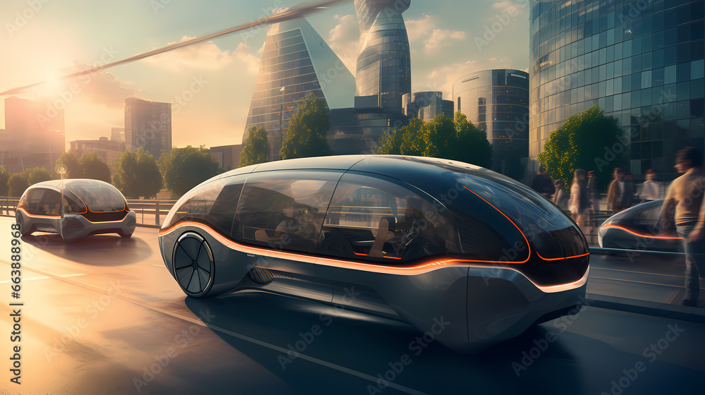 futuristic car driving on a highway in an utopian city