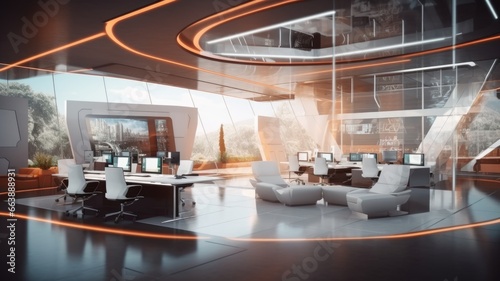 Futuristic technology open space office interior. Corporate office for strategy of finance, operations, marketing. photo