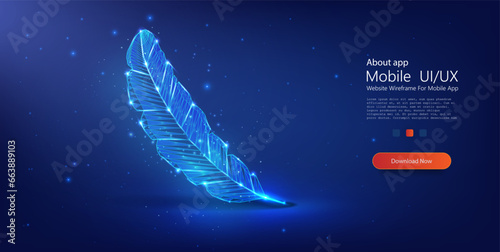 Ethereal Digital Representation of a Feather Floating in a Starry Night Sky with Luminous Blue Patterns. Writing Quill Signature icon form lines in low poly style. Isolated vector illustration