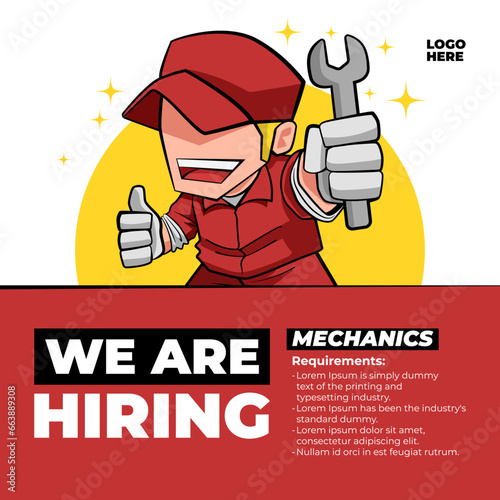 We Are Hiring Job Vacancy for Mechanic With Character Holding a Wrench Illustration