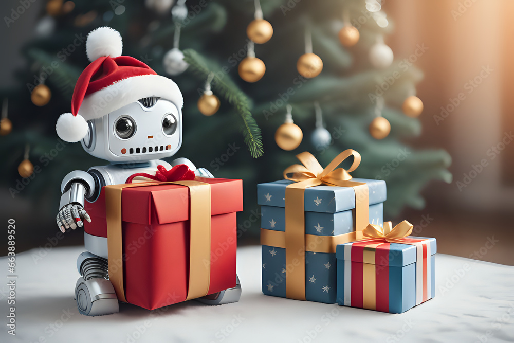 cute humanoid robot holding chrismat gift - obrazy, fototapety, plakaty 