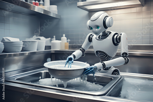 Artificial intelligence robot washing dishes in restarurant