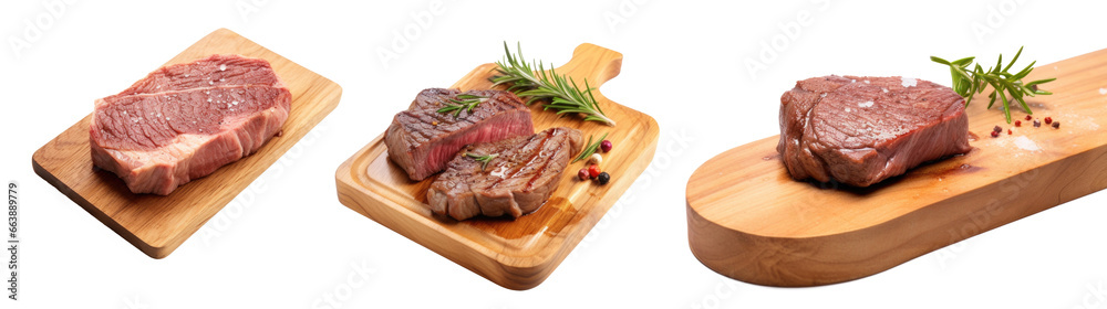 Set of Beef Steak on a wooden board. Png