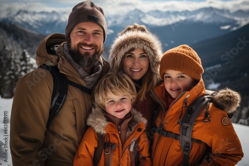 Portrait of a happy family against the backdrop of winter mountains