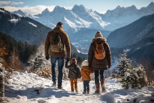 Rear view of a family with two small children on a walk overlooking the snowy mountains