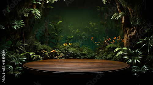 Wooden countertop green jungle in the background