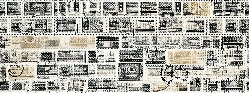 Vintage postage stamp grunge background texture template. Black and white engraved halftone pattern with perforated stamp border frame. Retro antique postage concept backdrop or wallpaper