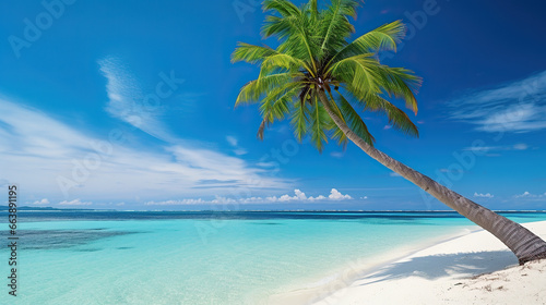 Beautiful palm tree on a tropical island. Turquoise ocean and blue sky. Amazing summer vacation © Koray